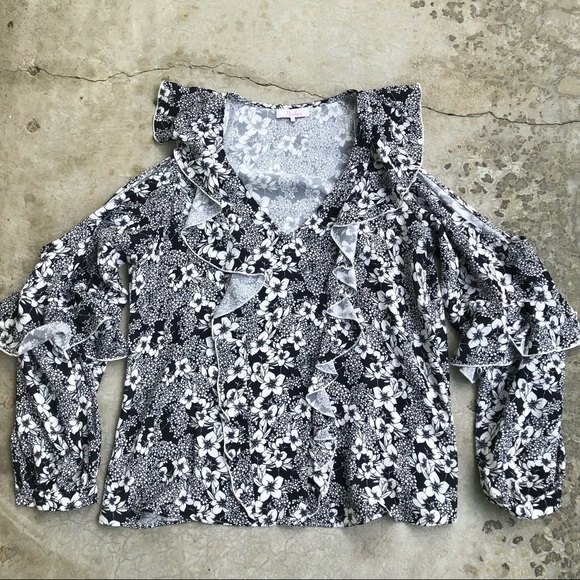Parker Top Cold Shoulder Ruffle Trim V-Neck Black Floral Print S - Picture 2 of 5